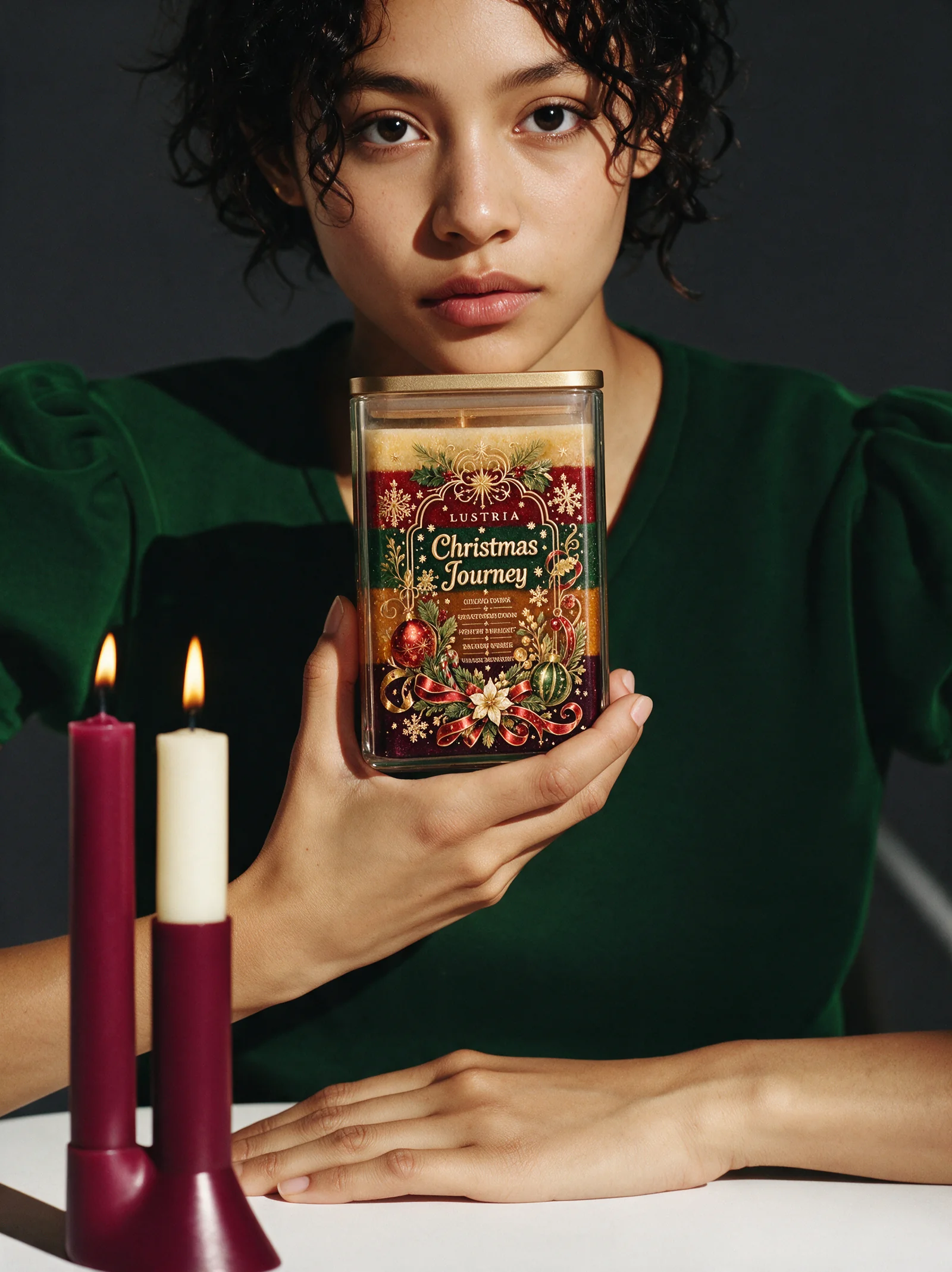 A woman in forest-green velvet holding the layered Lustria Christmas Journey candle