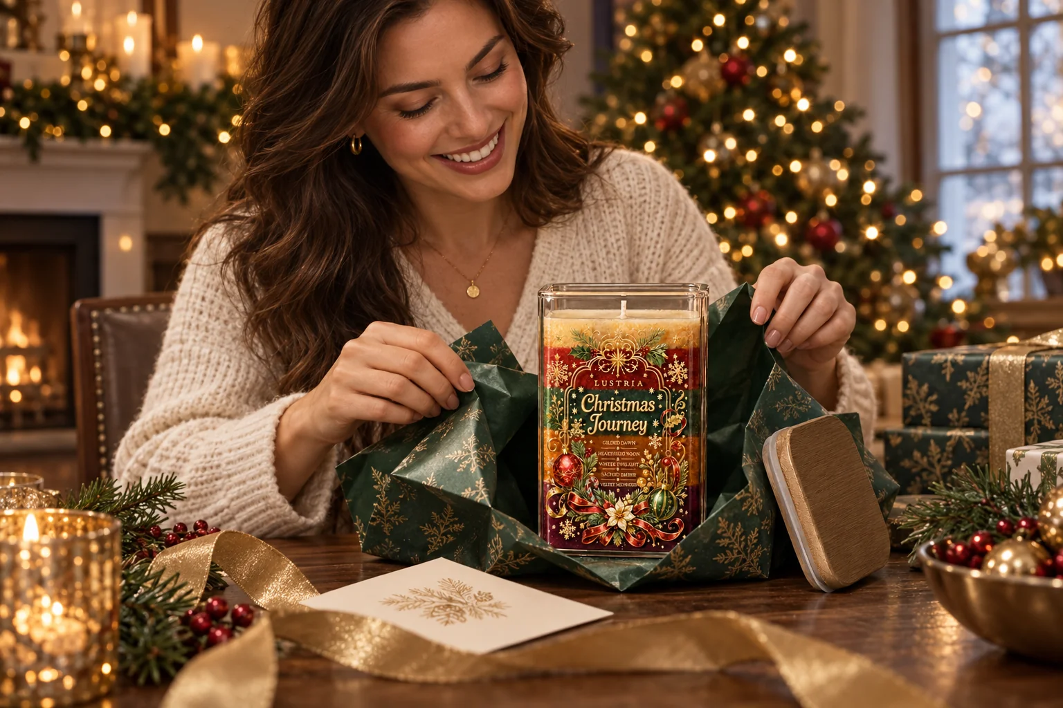 A woman unwrapping her Lustria Christmas Journey candle in festive green paper, with gold ribbon and a personal card