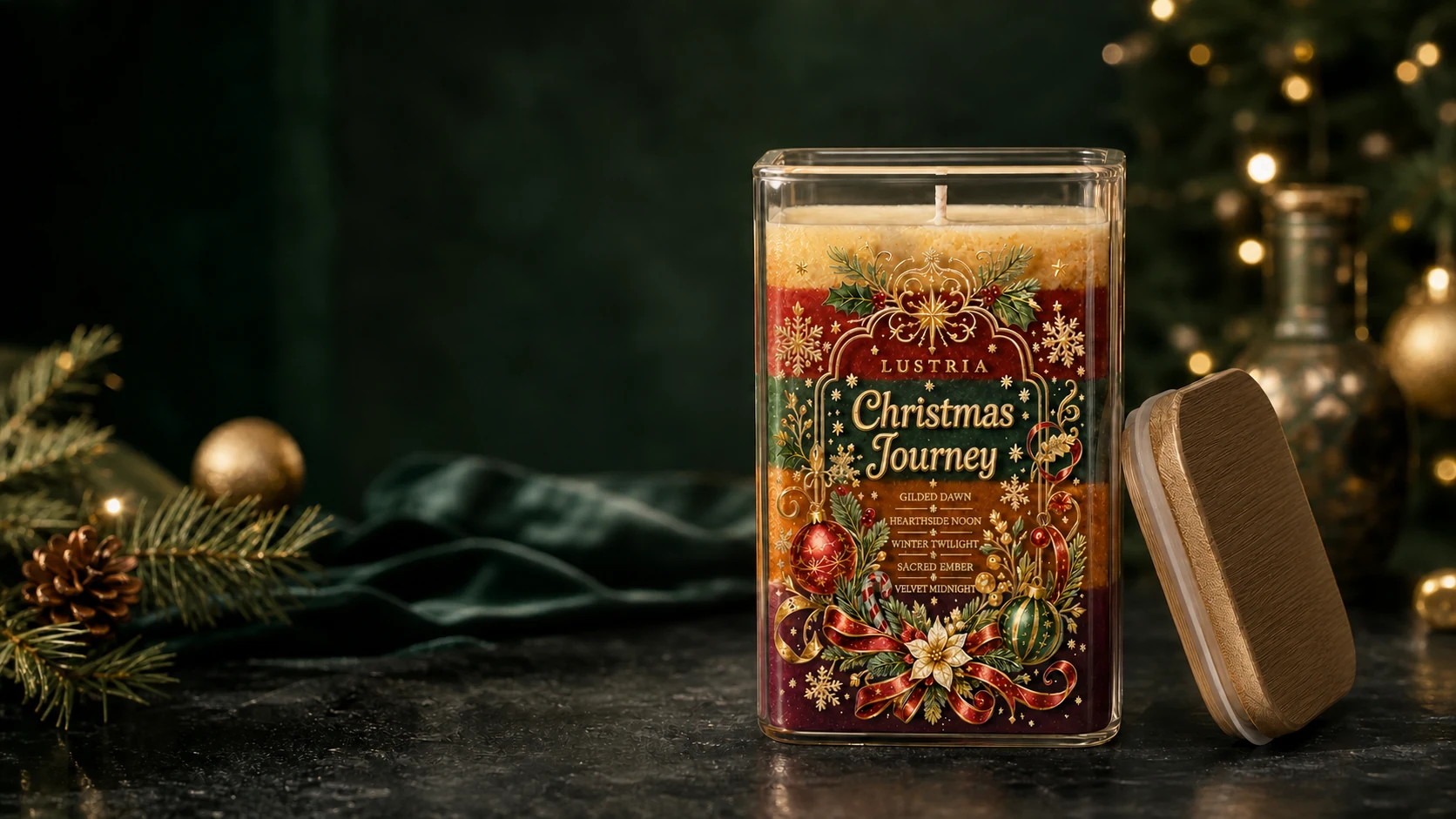 Close-up of the Lustria candle's five coloured wax layers visible through its square glass vessel